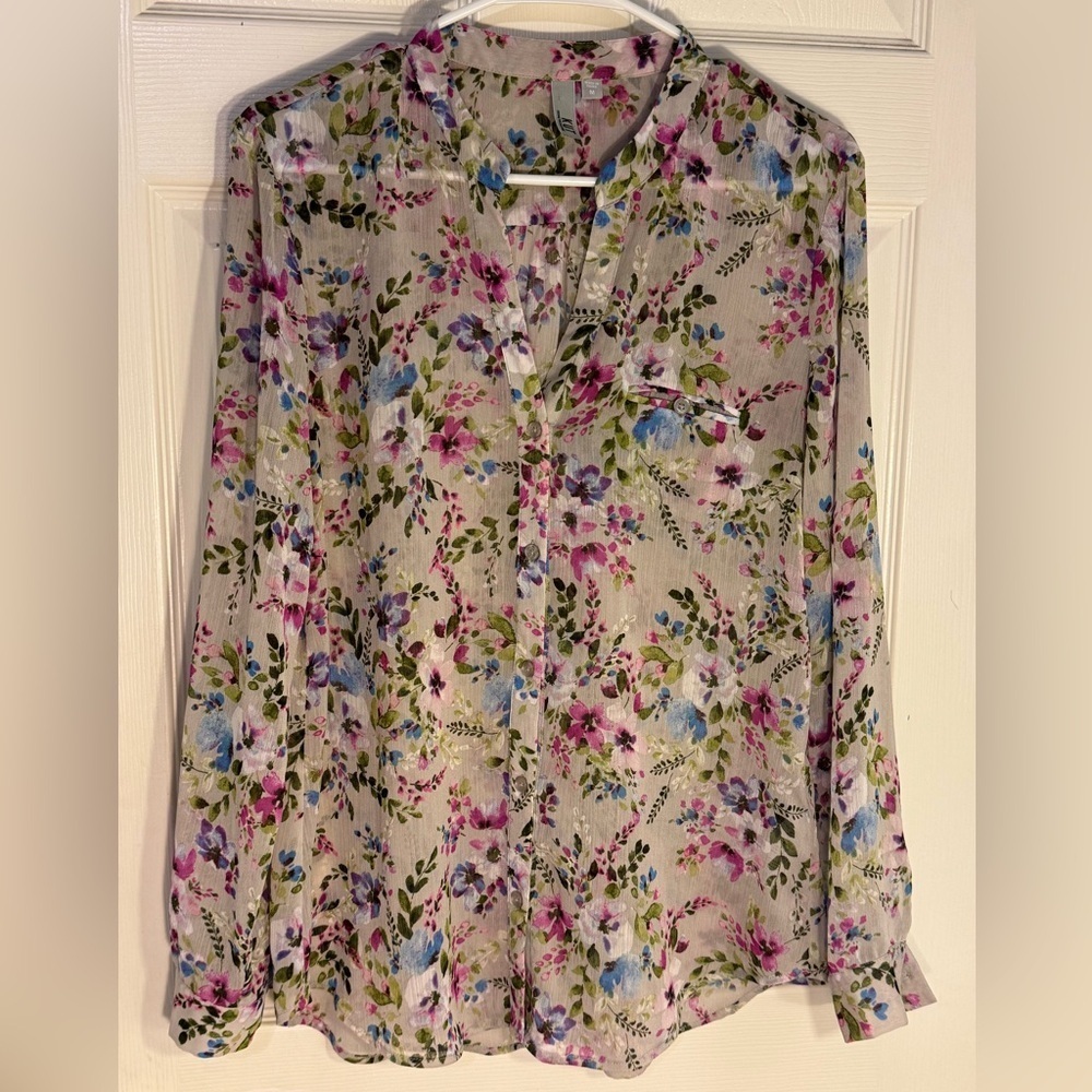 KUT from the Kloth Pink Floral Rayon Popover Long Sleeve Button Up Blouse Medium